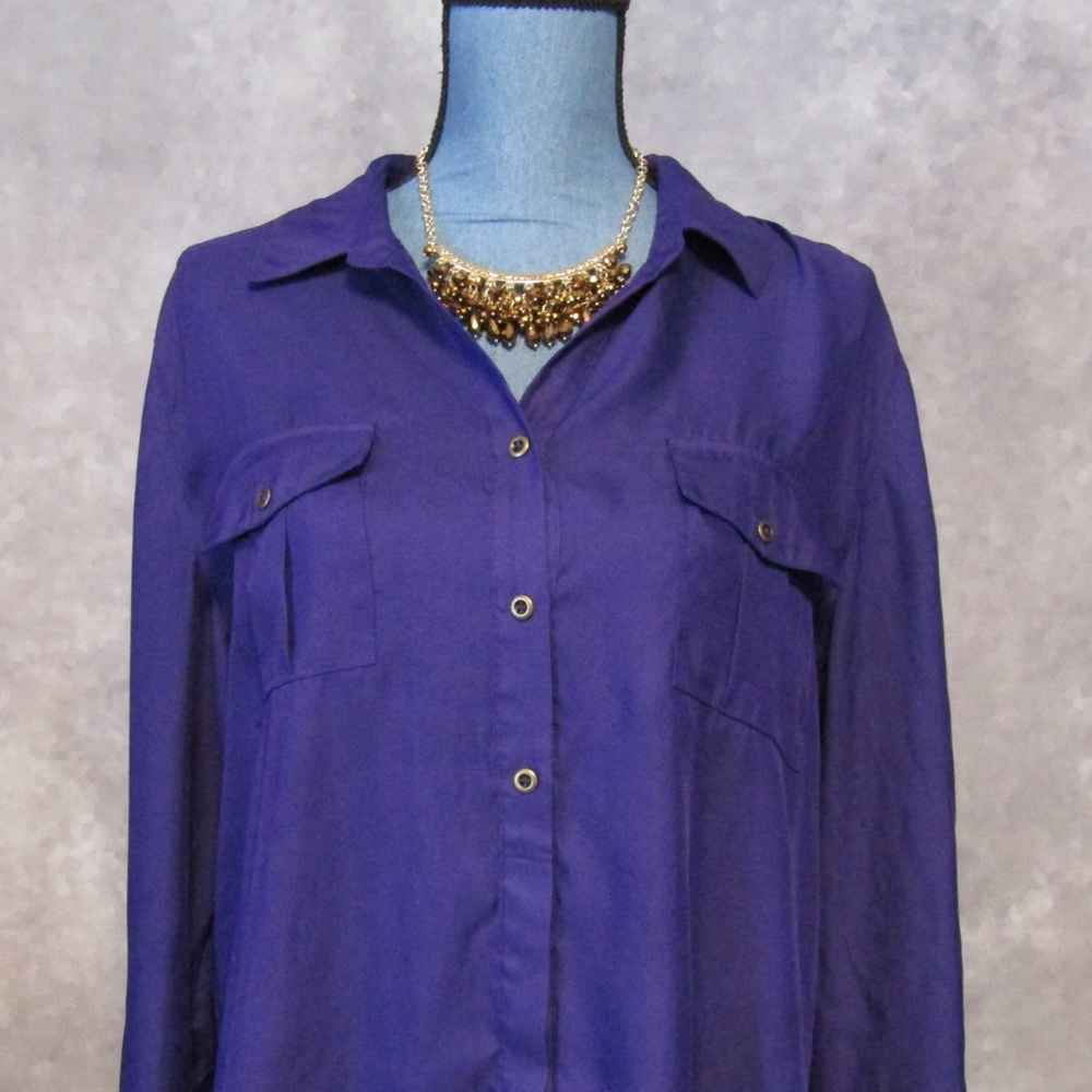 Chico's 2 Size L 12 Purple Roll Tab Sheer Blouse - Picture 2 of 5